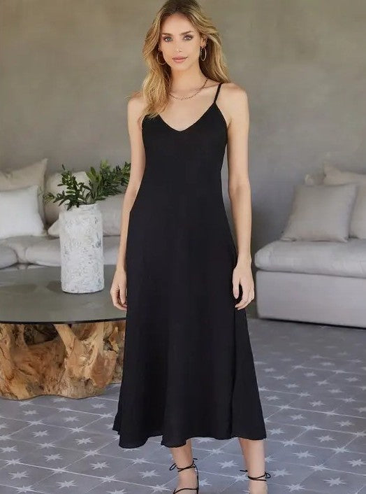 The Linen V Neck Midi Dress - Black / Milio Milano